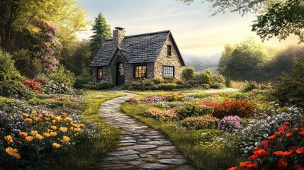 Obraz premium Charming Stone Cottage Surrounded by Colorful Flowers