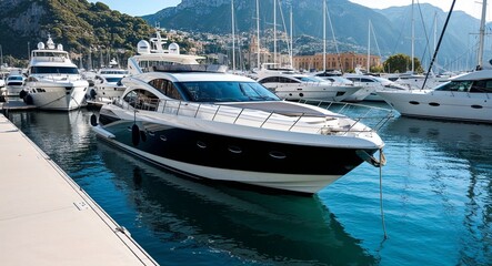 Fototapeta premium Stylish yacht docked at marina background elegant yacht moored at a beautiful marina with sparkling water