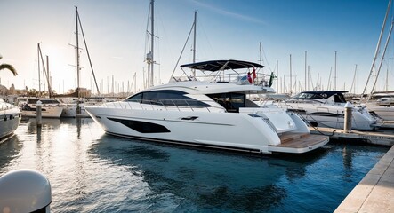 Stylish yacht docked at marina background elegant yacht moored at a beautiful marina with sparkling water