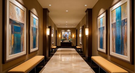 Warmly lit hotel hallway with artwork background inviting hallway adorned with artwork and soft lighting