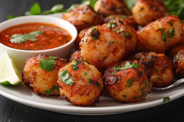 A plate of acaraj, black-eyed pea fritters stuffed with shrimp and vatape, served with a side of hot pepper sauce and fresh lime wedges.