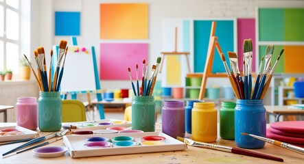 Art classroom with supplies background bright art classroom with paintbrushes and canvases scattered