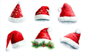 A set of six christmas hats with different designs, isolated on a plain white background .Various types of Santa hats against a white background