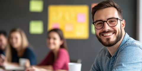 Smiling man in a casual meeting with colleagues in the background.
