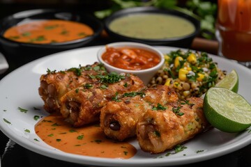 A plate of acaraj, black-eyed pea fritters stuffed with shrimp and vatape, served with a side of hot pepper sauce and fresh lime wedges.