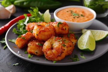 Fototapeta premium A plate of acaraj, black-eyed pea fritters stuffed with shrimp and vatape, served with a side of hot pepper sauce and fresh lime wedges.