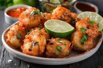 Fototapeta premium A plate of acaraj, black-eyed pea fritters stuffed with shrimp and vatape, served with a side of hot pepper sauce and fresh lime wedges.