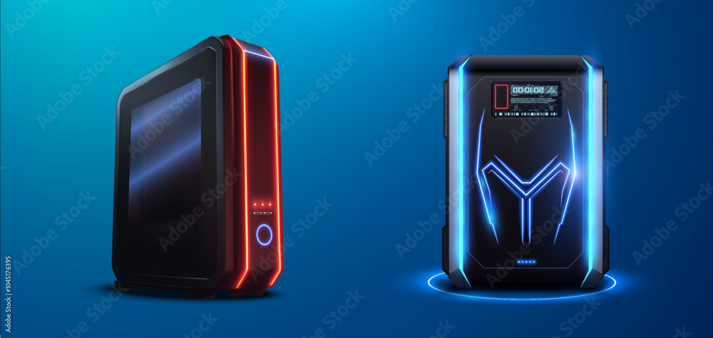 Aufkleber pair of futuristic 3d computer towers with sleek designs. one tower features red neon lights and a b