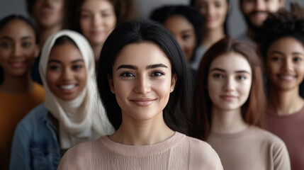 Obraz premium A large group of multiracial people stood together in a team