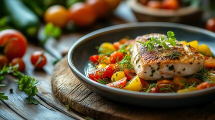 Grilled Chicken Breast with Fresh Tomato and Herb Salad on Rustic Wooden Table