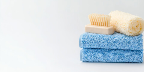 Soft blue and yellow towels stacked neatly with wooden comb, creating serene and clean atmosphere perfect for baby hygiene
