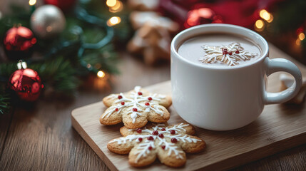 Colleagues gathered around a holiday-themed snack table, sharing Christmas cookies and hot chocolate