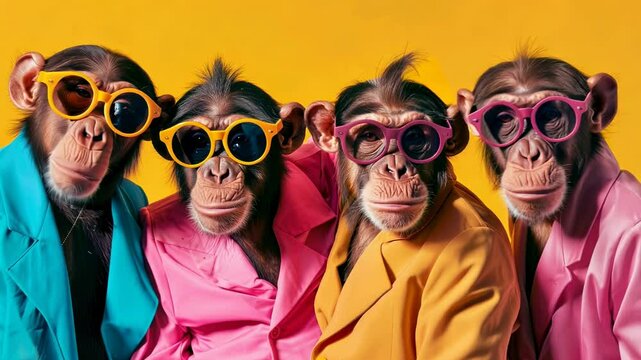 Four monkeys wearing glasses and colorful clothes. The monkeys are sitting in a row and looking at the camera