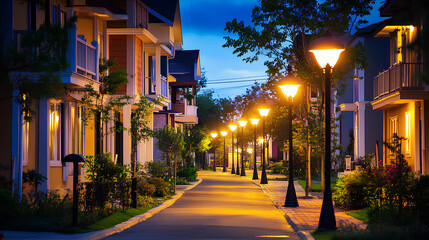 Fototapeta premium A tranquil street lined with illuminated lamp posts and houses, creating a serene atmosphere at dusk.