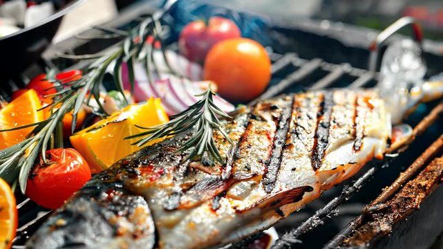 Fish is being cooked on a grill with vegetables and herbs. The fish is being grilled with a variety of vegetables and herbs, including tomatoes, onions, and garlic