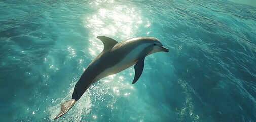 Obraz premium High-angle view of a playful dolphin leaping through sparkling ocean waves