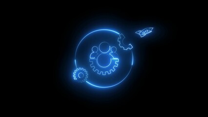 Abstract glowing neon icon with man and rocket  on black background.  