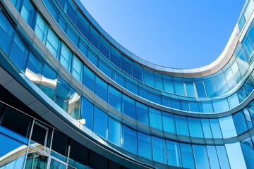 Modern building with curved glass facade reflecting sky. Contemporary architectural design against a clear blue backdrop with generative ai