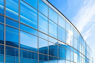Fototapeta premium Modern building with curved glass facade reflecting sky. Contemporary architectural design against a clear blue backdrop with generative ai