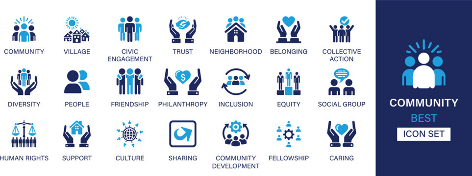 Community best solid icon set collection. Civic engagement, trust, neighborhood, belonging, collective action, diversity, people, friendship, inclusion, culture and vector illustration.