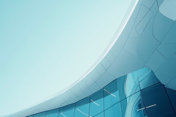 Obraz premium Modern building with curved glass facade reflecting sky. Contemporary architectural design against a clear blue backdrop with generative ai