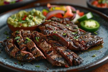 A plate of arrachera, grilled skirt steak served with roasted onions, jalapenos, and a side of guacamole