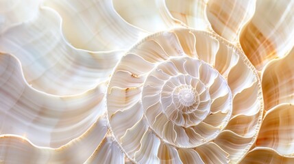 Obraz premium Abstract depiction of a nautilus shell, focusing on its detailed swirl. The shell's natural patterns are beautifully displayed in this art piece.