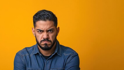 Obraz premium intense anger expression on latinx man's face against vibrant orange background, close up portrait. banner with copy space. hard feelings, personal conflict, emotional tension, psychological reaction.