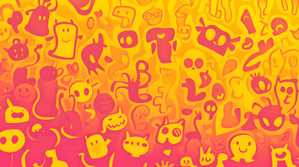 A funny background with soft gradients transitioning from bright pink to yellow, with playful cartoon faces and shapes scattered across the canvas
