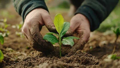 Hands planting a young sapling while celebrating Arbor Day in a community garden