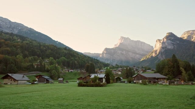 Rustic ski town of Sixt Fer a Cheval near mountain range in Giffre valley at France