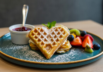 Delicious heart-shaped waffle served with fresh fruits and berry sauce in a cozy café setting