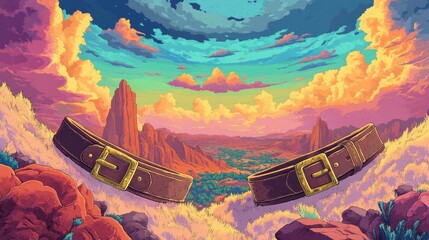 2D cartoon design featuring two broad belts set against a colorful backdrop