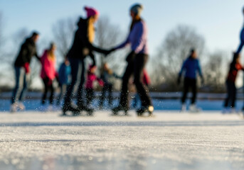 Ice skating enthusiasts enjoy a sunny winter day on a frozen rink surrounded by trees and friends engaging in this seasonal sport