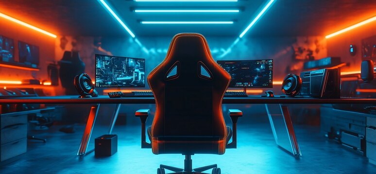 Rear view of a gamer chair in a gaming room with neon lighting, computer monitors, and gaming peripherals.