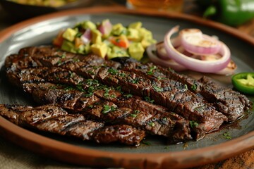 A plate of arrachera, grilled skirt steak served with roasted onions, jalapenos, and a side of guacamole