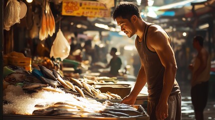 Man Browsing Fish Market Stall