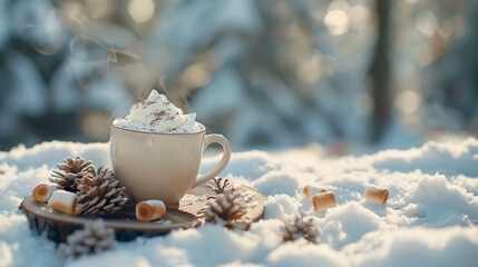 Steaming cup of hot chocolate with whipped cream, surrounded by pinecones and marshmallows in a snowy winter scene.