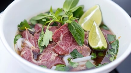 Fragrant Pho with Fresh Herbs and Lime in a Bowl