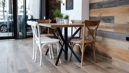 Charming rustic dining room featuring vintage chandeliers and reclaimed wood accents for a cozy atmosphere