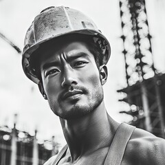 A construction worker looks intently at the camera.