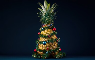 Obraz premium Pineapple Christmas Tree: A pineapple standing upright and decorated with ornaments, tiny lights, and garlands, with its spiky leaves forming the tree's 