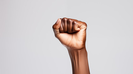 Close-Up of Raised Black Woman's Fist in Studio Shot. Woman hand. Black History. African American female