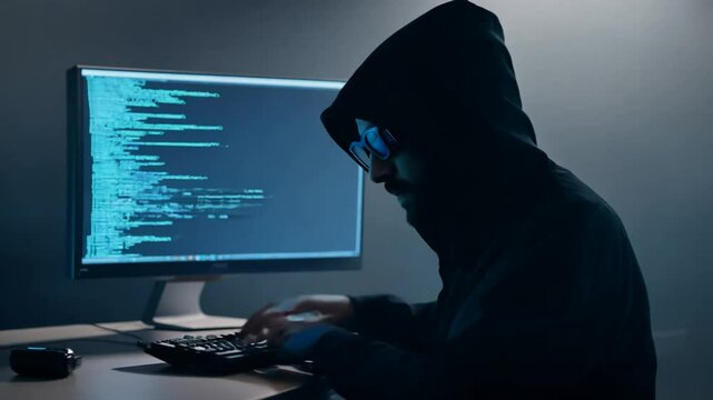 scammer Hacker night classified hooded materials access steals hacks computers Unrecognizable data office computer datum thieving security breach anonymous technology cyberspace crime identity unauth