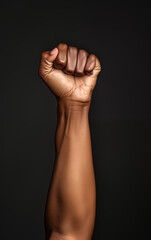 Close-Up of Raised Black Woman's Fist in Studio Shot. Woman hand. Black History. African American female