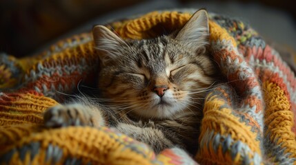Featuring cats snuggled in warm, cozy blankets, emphasizing comfortable and serene moments. Ideal for cozy-themed social media posts and pet blogs. Detailed view of cats curled up.