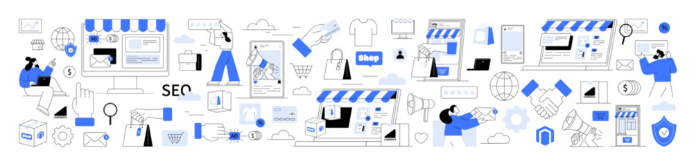 Online Shopping, E-commerce Platform, Digital Marketing. Ecommerce elements online stores, SEO, email marketing, platforms, payment methods. Marketing strategies, digital payments product advertising