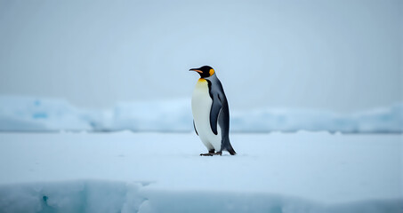 Fototapeta premium A lonely emperor penguin standing gracefully on a huge Antarctic ice field 