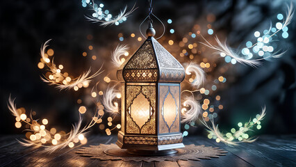 captivating Ramadan lantern and magical bokeh lights on a dark backdrop macro