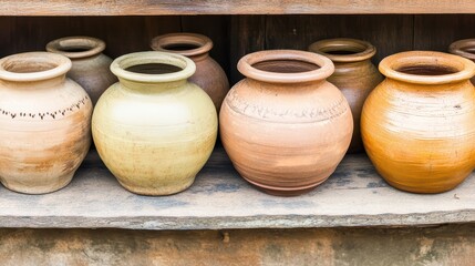 Varying Shades of Clay Pots on a Wooden Shelf